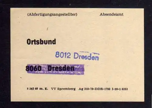 B1264 DDR um 1980 Ortsbund 8060 Dresden überbalkt 8012 Dresden neu gestempelt