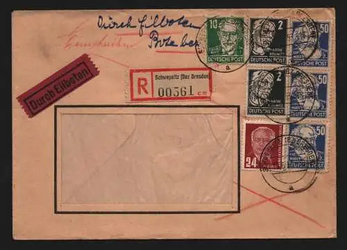 B13040 DDR Brief Einschreiben Eilboten Schweppnitz VEB Glaswerk n. Dresden 1953