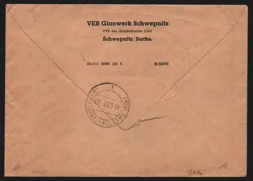 B13040 DDR Brief Einschreiben Eilboten Schweppnitz VEB Glaswerk n. Dresden 1953