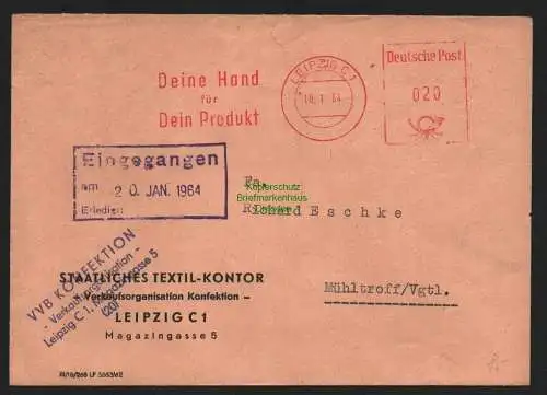 B10792 Brief DDR Propaganda Losung Leipzig 1964 Deine Hand für nach Mühltroff