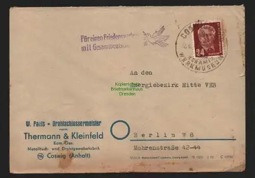 B10721 Brief DDR Propaganda Coswig Anhalt 1950 Für einen Friedensvertrag Gesamt
