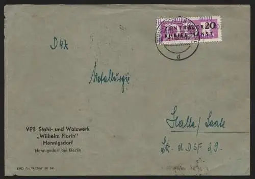 B13925 DDR ZKD Brief 1957 15 4010 Oranienburg VEB Stahl- und Walzwerk Hennigsdor