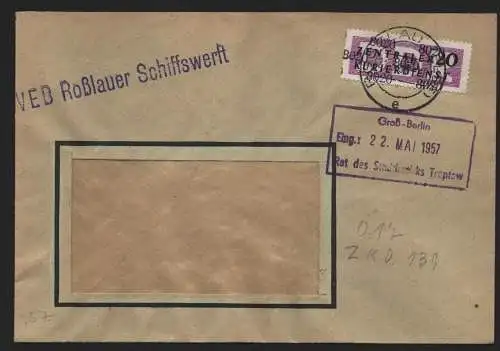 B14053 DDR ZKD Brief 1957 11 8020 Roßlau VEB Roßlauer Schiffswerft an Rat des St