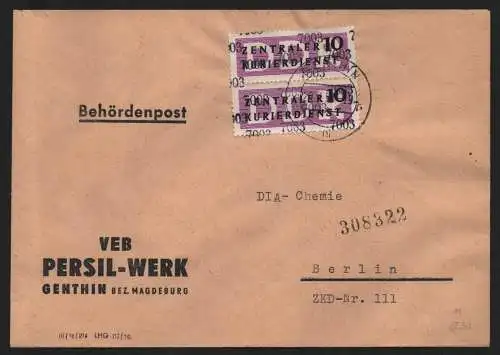 B13977 DDR ZKD Brief 1957 2x10 7003 Genthin VEB Persil-Werk an DIA Chemie Berlin