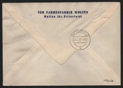 B14014 DDR ZKD Brief 1957 11 8004 Bitterfeld VEB Farbenfabrik Wolfen  an Preß- u