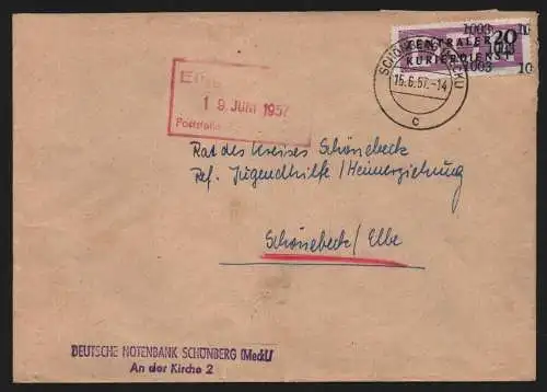 B13857 DDR ZKD Brief 1957 11 1003 Grevesmühlen Notenbank Schönberg Meckl.  an Ju