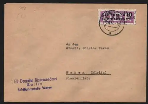 B13896 DDR ZKD Brief 1957 10 3013 Waren-Müritz VEB Deutsche Binnenreederei Berli