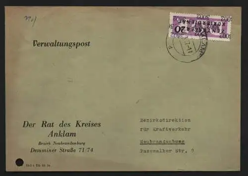 B13880 DDR ZKD Brief 1957 11 3002 Anklam Rat des Kreises  an Kraftverkehr Neubra