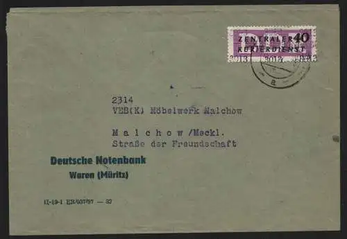 B13898 DDR ZKD Brief 1957 12 3013 Waren-Müritz Deutsche Notenbank an Möbelwerk M