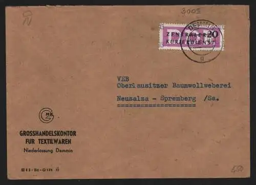 B13883 DDR ZKD Brief 1957 15 3003 Demmin Großhandelskontor für Textilwaren an Ba