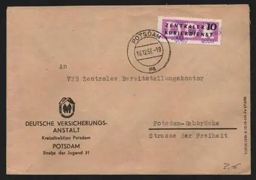 B13902 DDR ZKD Brief 1957 14 4000 Potsdam Deutsche Versicherungsanstalt  an Orts