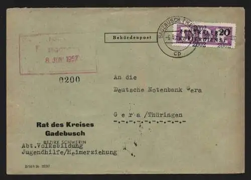 B13866 DDR ZKD Brief 1957 11 2002 Gadebusch Rat des Kreises an Deutsche Notenban