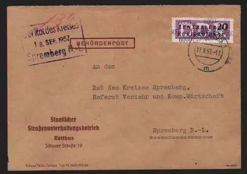B13946 DDR ZKD Brief 1957 11 6000 Cottbus Staatlicher Straßenunterhaltungsbetrie