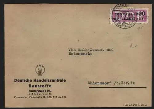 B13953 DDR ZKD Brief 1957 15 6003 Finsterwalde DHZ Baustoffe an VEB Kalk-Zement