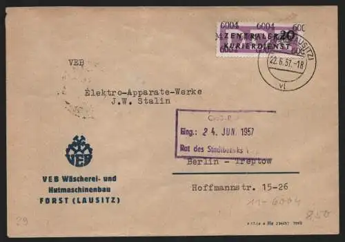 B13954 DDR ZKD Brief 1957 11 6004 Forst VEB Wäscherei- und Hutmaschinenbau an VE