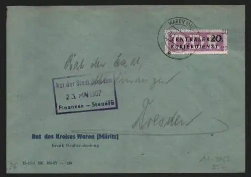 B13897 DDR ZKD Brief 1957 11 3013 Waren-Müritz Rat des Kreises an Rat der Stadt