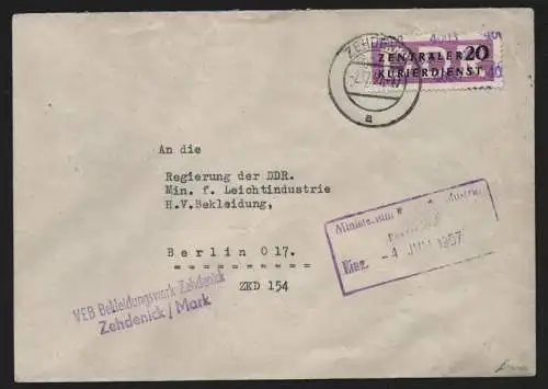 B13908 DDR ZKD Brief 1957 11 4003 Gransee VEB Bekleidungswerk Zehdenick an Regie