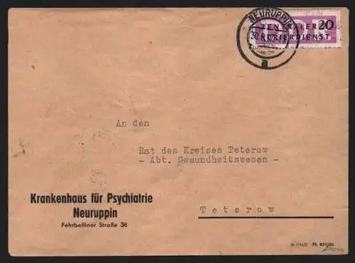 B13920 DDR ZKD Brief 1957 15 4009 Neuruppin Krankenhaus für Psychatrie an Rat de