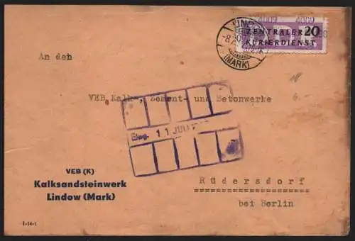 B13919 DDR ZKD Brief 1957 11 4009 Neuruppin VEB 8 (K) Kalksandsteinwerk Lindow M