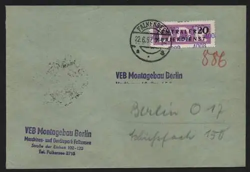B13917 DDR ZKD Brief 1957 11 4008 Nauen VEB Montagebau Berlin Gerätepark Falkens