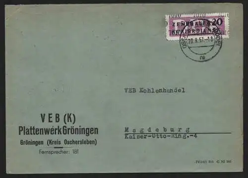 B13983 DDR ZKD Brief 1957 11 7010 Oschersleben  Plattenwerk Gröningen an VEB Koh