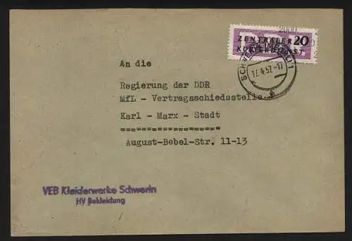 B13863 DDR ZKD Brief 1957 11 2000 Schwerin Kleiderwerke an Regierung der DDR MfL