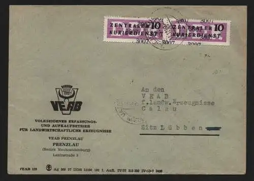 B13890 DDR ZKD Brief 1957 2x10 3007 Prenzlau VEAB Prenzlau an Calau, Lübben Spre