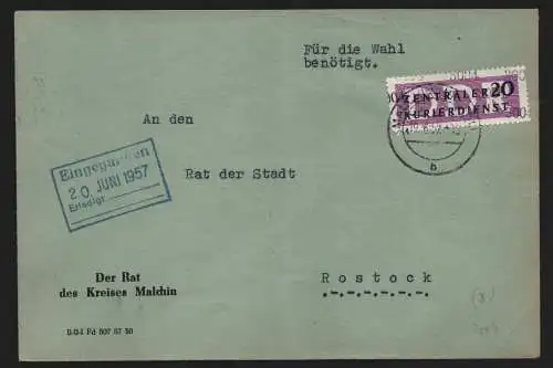 B13884 DDR ZKD Brief 1957 11 3004 Malchin Rat des Kreises  an Rat der Stadt Rost