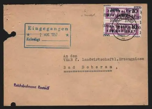 B13851 DDR ZKD Brief 1957 2x10 1000 Rostock Reichsbahnamt an Bad Doberan