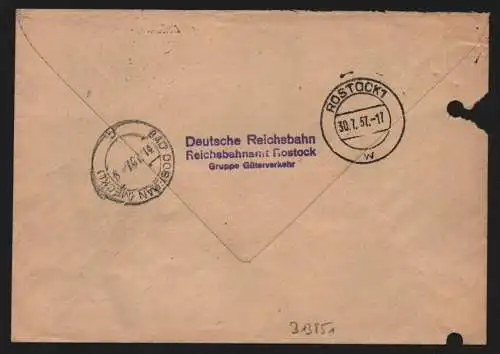 B13851 DDR ZKD Brief 1957 2x10 1000 Rostock Reichsbahnamt an Bad Doberan