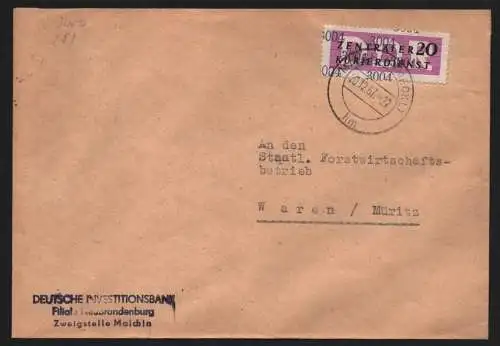 B13885 DDR ZKD Brief 1957 15 3004 Malchin Deutsche Investitionsbank  an Staatl.