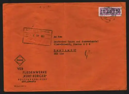 B13870 DDR ZKD Brief 1957 12 2004 Hagenow Boizenburg Elbe Fliesenwerke Kurt Bürg
