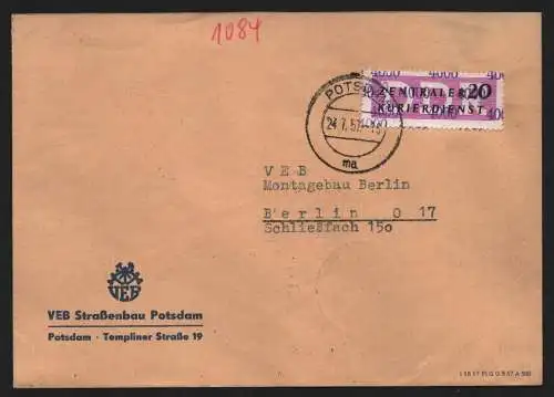 B13903 DDR ZKD Brief 1957 15 4000 Potsdam VEB Straßenbau an Montagebau Berlin