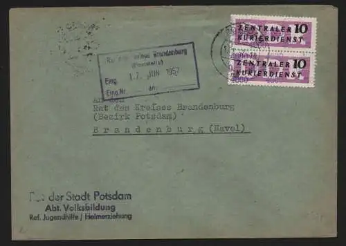 B13899 DDR ZKD Brief 1957 2x10 4000 Potsdam Rat der Stadt Lenzen Elbe  an Rat de