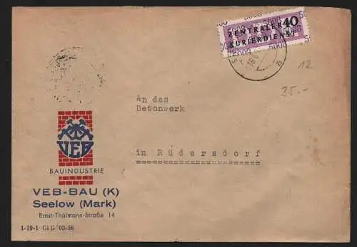 B13943 DDR ZKD Brief 1957 12 5008 Seelow/Mark VEB Bau (K) an Betonwerk Rüdersdor