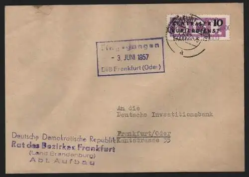 B13932 DDR ZKD Brief 1957 10 5000 Frankfurt Oder Rat des Bezirkes Abt. Aufbau an
