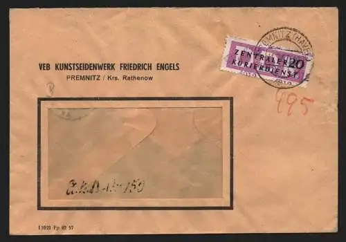 B13929 DDR ZKD Brief 1957 15 4012 Rathenow VEB Kunstseidenwerk Friedrich Engels