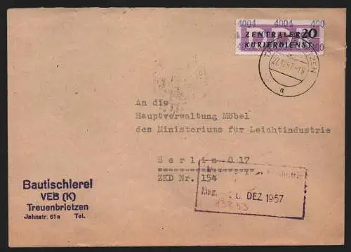 B13909 DDR ZKD Brief 1957 11 4004 Jüterbog Bautischlerei VEB (K) Treuenbrietzen