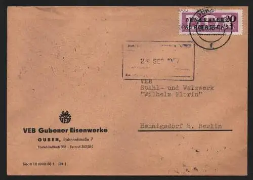 B13956 DDR ZKD Brief 1957 15 6005 Guben Gubener Eisenwerke  an Stahl- und Walzwe