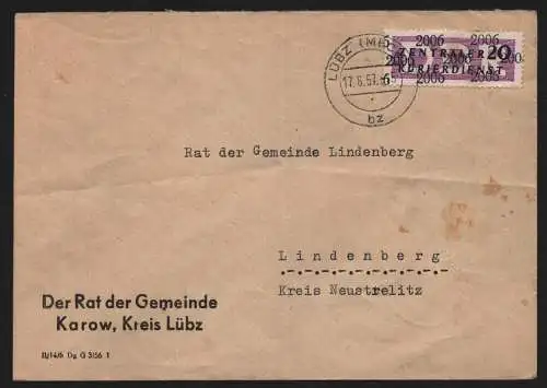 B13872 DDR ZKD Brief 1957 11 2006 Lübz Rat der Gemeinde Karow  an Lindenberg Kr.