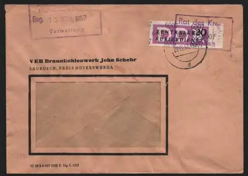B13959 DDR ZKD Brief 1957 15 6007 Hoyerswerda VEB Braunkohlenwerk John Schehr La