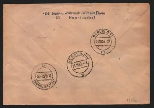 B13924 DDR ZKD Brief 1957 12 4010 Oranienburg VEB Stahl- und Walzwerk Hennigsdor