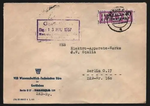 B13393 DDR Dienst ZKD 14 1602 Brief 1957 Berlin VEB Technisches Büro f Gerätebau