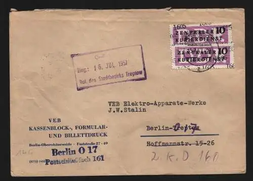 B13432 DDR Dienst ZKD 2x 10 1605 Brief 1957 Berlin VEB Kassenblock-, Formular-