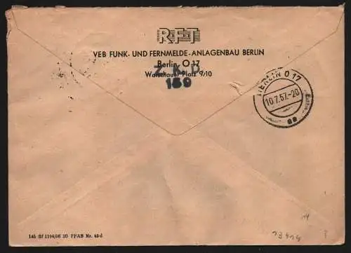 B13414 DDR Dienst ZKD 14 1602 Brief 1957 Berlin RFT VEB Berliner Glühlampen Werk