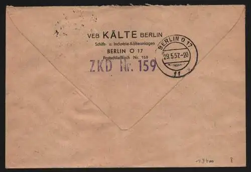 B13400 DDR Dienst ZKD 14 1602 Brief 1957 VEB Kälte Berlin Schiffs- und Industrie