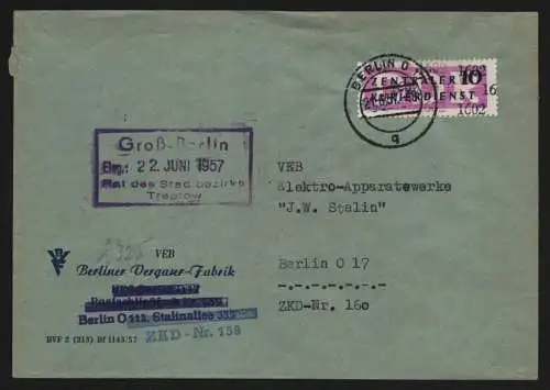 B13388 DDR Dienst ZKD 14 1602 Brief 1957 Berlin VEB Berliner Vergaser Fabrik 159