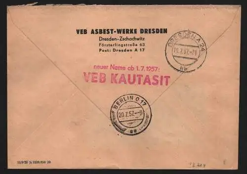 B13214 DDR Dienst ZKD 15 1300 Brief Dresden VEB Asbest Werke Kautasit n. Berlin