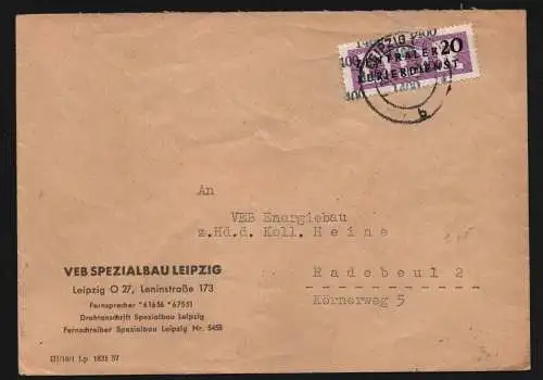 B13302 DDR Dienst ZKD 11 1400 Brief 1957 VEB Spezialbau Leipzig an Energiebau Ra
