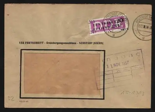 B13292 DDR Dienst ZKD 15 1313 Brief 1957 Neustadt Sachs. VEB Fortschritt Erntema